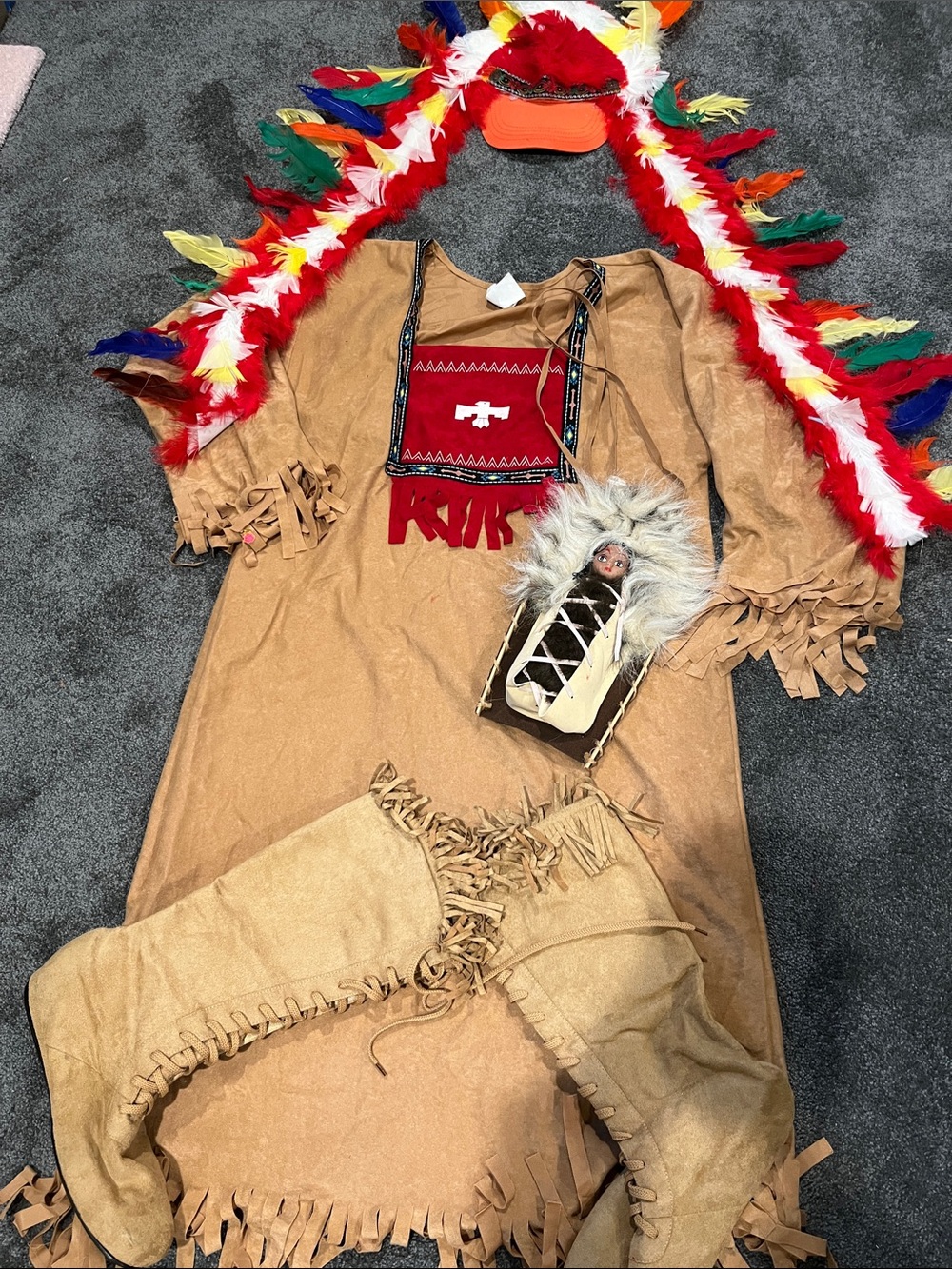 OS Tan Faux-Suede Native Style Costume with Colorful Headdress/papoose/boots